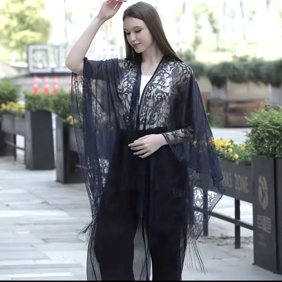 New Shawl Solid Black Tassel Embroidered Sheer Kimono Festival Beach Cover Up - Picture 11 of 13